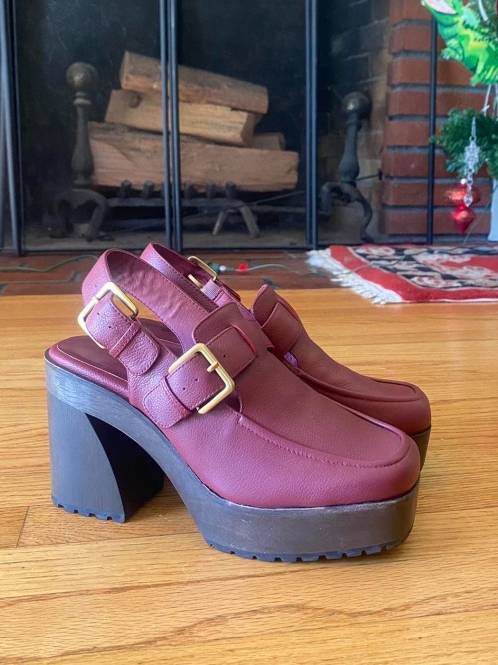 Charlotte Stone Burgundy Platform Mule Heels with Gold Buckles